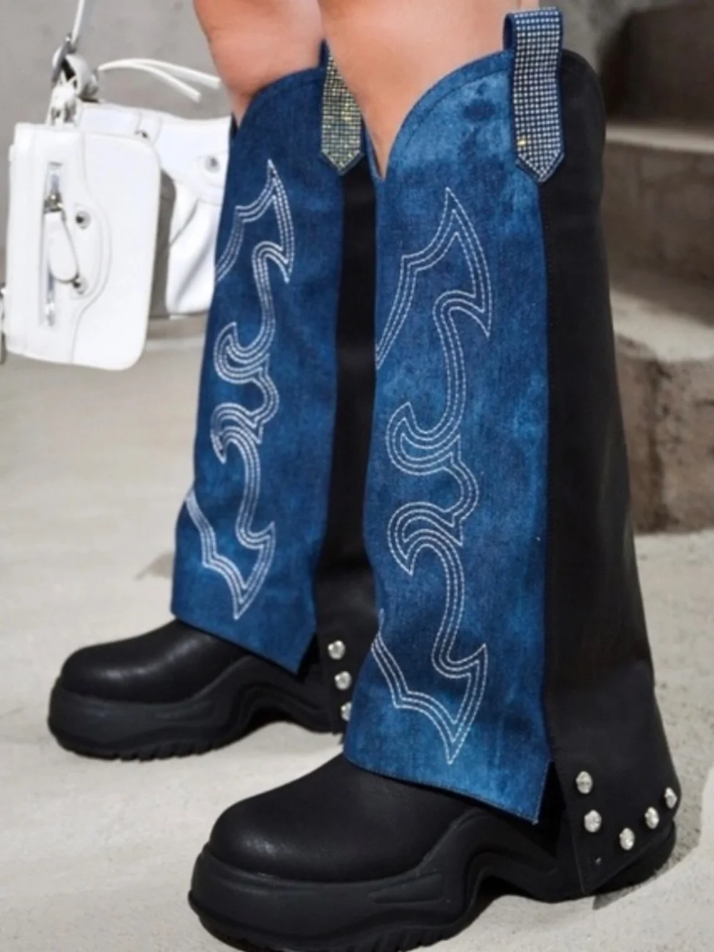 Cape Robbin Knee High Platform Boots – Size 9 (Denim + Black, Rhinestone Detail)